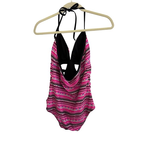 Bongo Pink & Black Aztec Print One-Piece Swimsuit With Side Cutouts & Halter Tie - Picture 2 of 10
